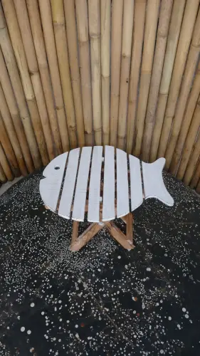 Product image of the product “Folding table in shape of fish, made of wood. 33cm Height. White painted top. ”
